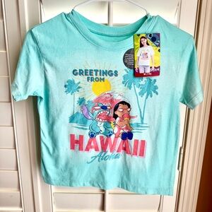 Disney Lilo & Stitch Girls Tee Shirt M 7/8 NWT Greetings from Hawaii Blue